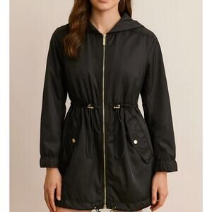 Michael Kors MK Drawcord Full Zip Hooded Anorak Jacket Black Size XS